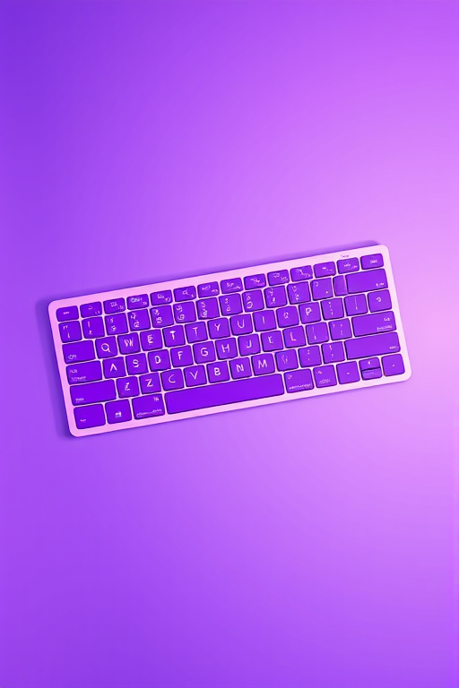 illustration of a purple keyboard on a sleek background, top-down view, high-resolution, f/1.8 aperture, ISO 100, 50mm lens, soft lighting effects for depth, digital art style