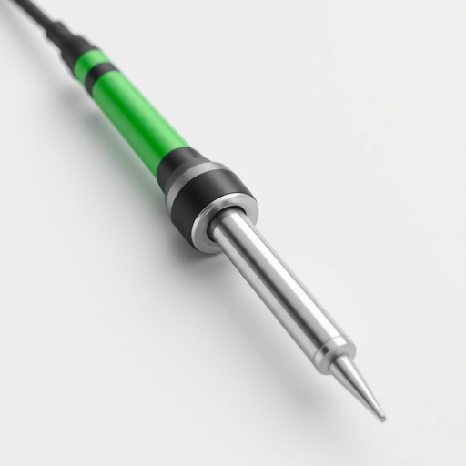 Create a high-resolution 3D render of a soldering iron with a shiny silver tip and a vibrant green handle, using a Canon EOS R5 camera, 50mm lens, f/1.8 aperture, ISO 100, with diffused lighting to enhance details and reflections, in a clean white background environment for a professional look.