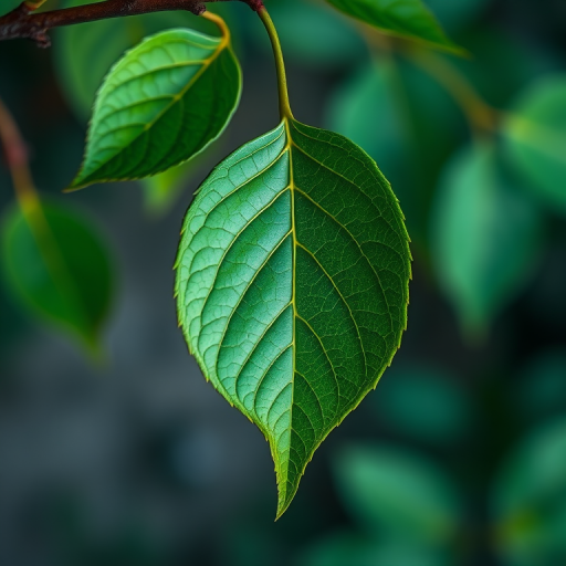 Create a high-resolution illustration of a green leaf hanging from a branch, focus on vibrant colors and detailed textures, camera settings: f/8 aperture, ISO 100, 1/125 shutter speed, overhead view, using a DSLR camera with macro lens for sharp detail.