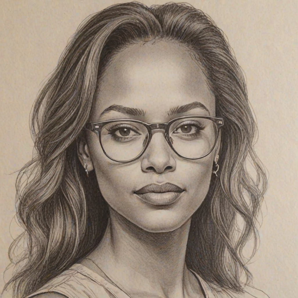 Fascinating Nia Sioux, pencil sketch, portrait of Magnificent woman 1980s in glasses, hair style beatnik, outline, clear lines, fine lines, 8k