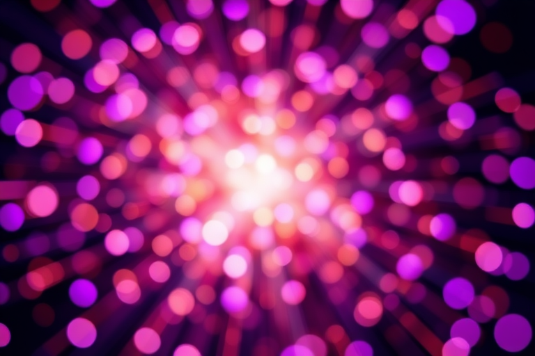 Create an image of a vibrant explosion of light with soft glowing purple bokeh effects scattered throughout the frame; use a DSLR camera with a 50mm lens, f/1.8 aperture, ISO 100, shutter speed 1/200s, shot from a low angle with a shallow depth of field to enhance the brightness and clarity.