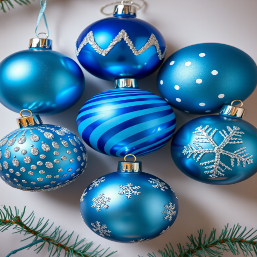 Create an image of six decorative Christmas ornaments in varying shades of blue, featuring designs like mountains, stripes, polka dots, and snowflakes, captured with a DSLR camera at f/4 aperture, ISO 100, 50mm lens, soft-focus background for emphasis on ornaments.