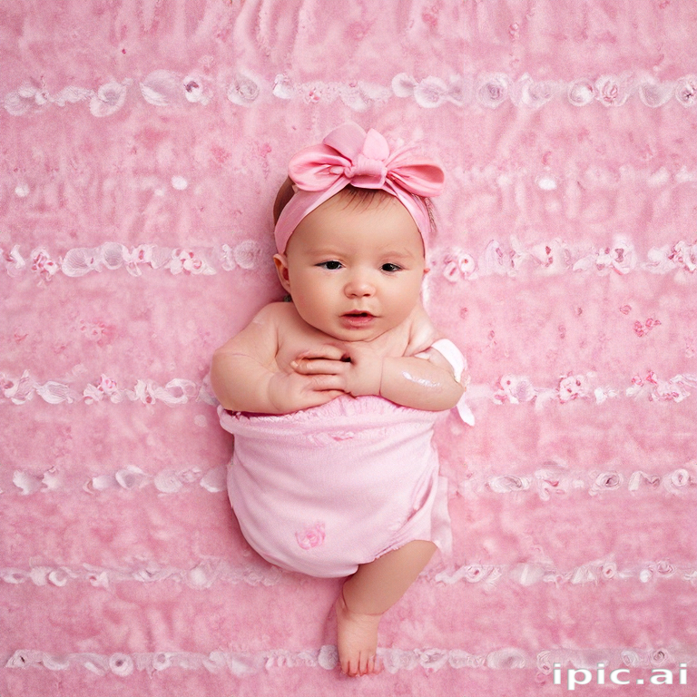 Adorable Baby Girl in Pink Headband Posing on Soft Pink Blanket