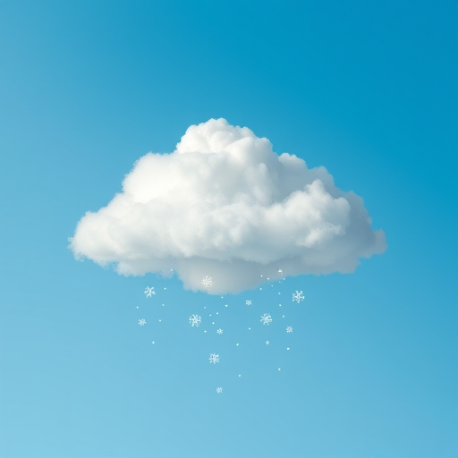 Create a minimalistic digital illustration of a fluffy white cloud with snowflakes falling from it against a gradient blue background, using a wide-angle lens at f/8 aperture, ISO 100, and a Canon EOS 90D to enhance clarity and detail.