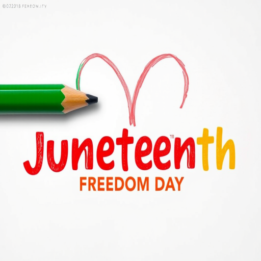 Create an image celebrating Juneteenth with a festive design featuring a colorful pencil drawing a heart, incorporating green, red, and yellow colors, with text that says "Juneteenth Freedom Day" in bold, vibrant letters, using a DSLR camera with a 50mm lens, f/1.8 aperture, ISO 100, and natural light for clarity; centered composition with a soft background blur.