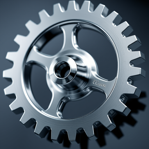 Create a high-resolution digital illustration of a shiny silver cogwheel with a reflective surface, using a Canon EOS 5D Mark IV camera, f/8 aperture, 1/125s shutter speed, ISO 100, with a macro lens and soft diffused lighting.