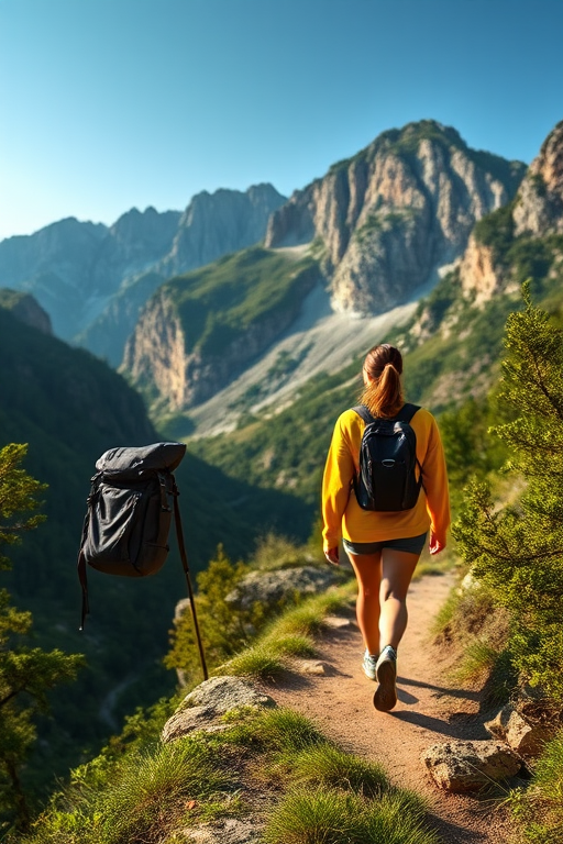 Capture a scenic mountain landscape with a female hiker in a yellow sweater and black backpack walking along a trail, surrounded by lush greenery and steep cliffs, taken with a Canon EOS R5 at f/5.6, ISO 100, 24mm lens, in natural afternoon light to enhance depth and color vibrancy.