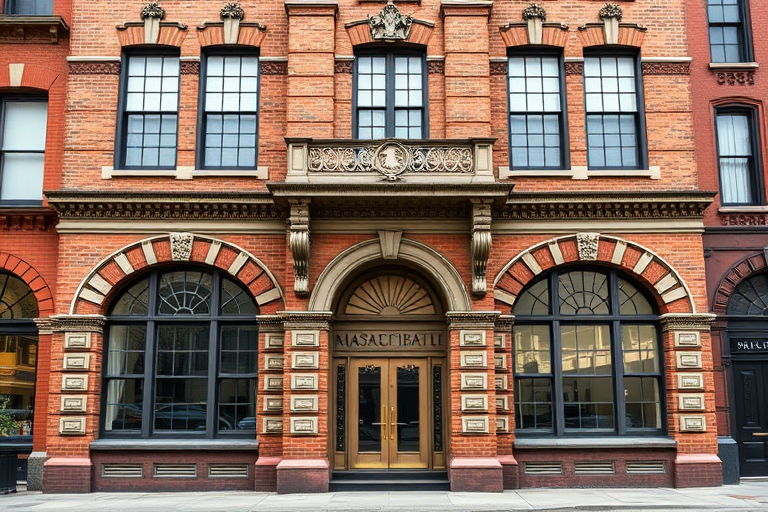 high-resolution photograph of a classic brick building facade with ornate architecture, taken with a Nikon D850, 50mm lens, aperture f/8 for sharpness, ISO 100 for clarity, natural daylight for even lighting, shot from a frontal view to capture details.