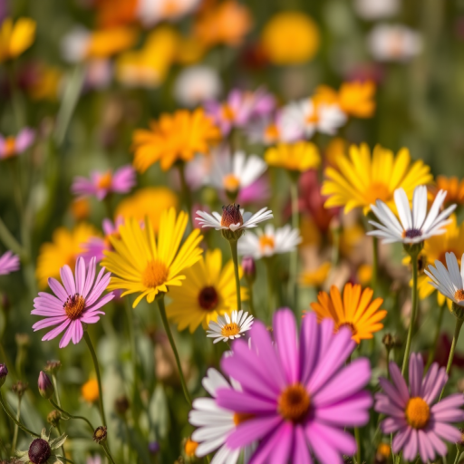 Generate a close-up photograph of a field of colorful wildflowers with a shallow depth of field, using a DSLR camera, lens aperture set to f/2.8, ISO 100, 50mm focal length, shooting in natural light to enhance color vibrancy and detail.