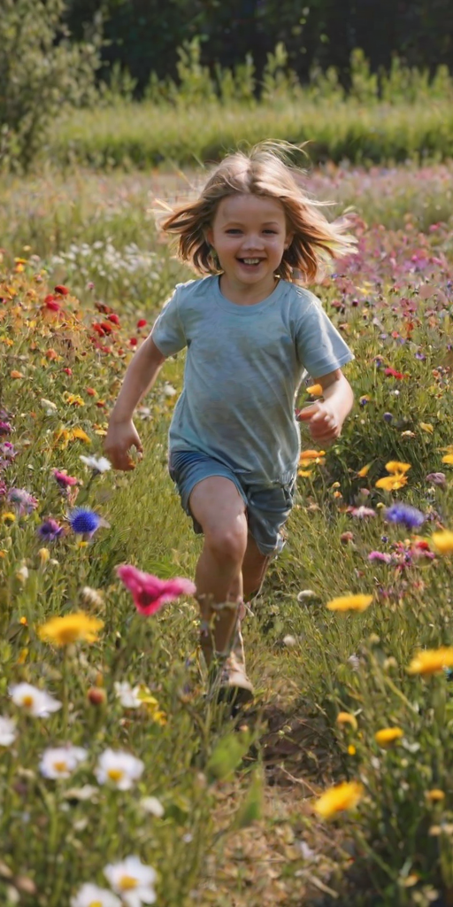 Blurry candid shot of a young child running through a field of wildflowers, arms outstretched, with colorful blooms swaying around them and a sunny blue sky above.