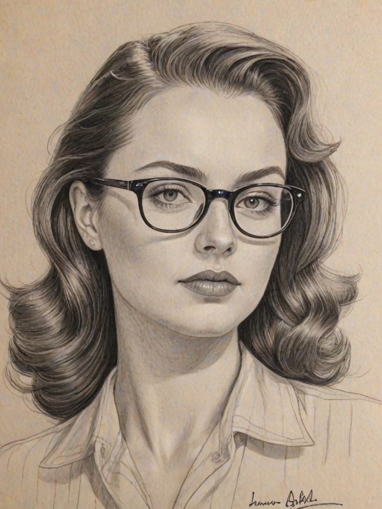 Graceful Lauren Ash, pencil sketch, portrait of Superb woman 1945s in glasses, hair style beatnik, outline, clear lines, fine lines, 8k