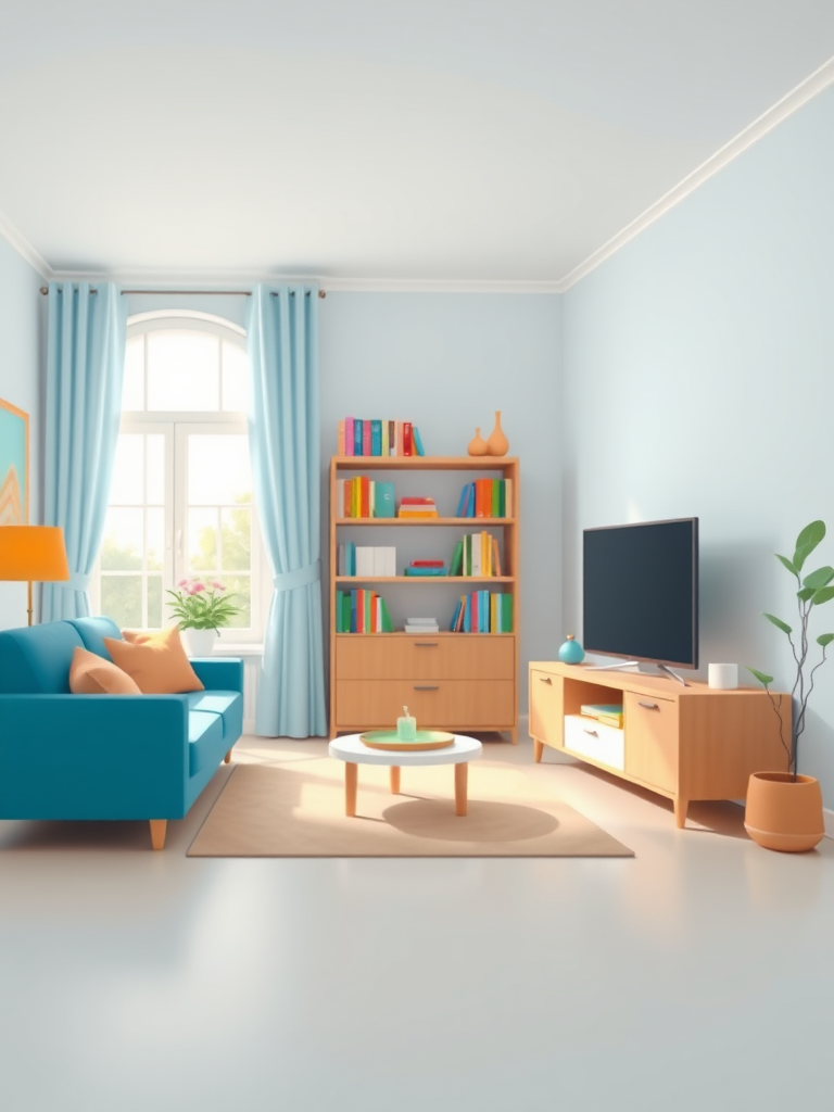 Create a bright, minimalist cartoon-style living room interior featuring a blue couch, a TV on a wooden stand, a bookshelf with colorful books, and a large window with natural light, captured with a Canon EOS 5D Mark IV, 24mm lens, f/4 aperture, and soft focus for a cheerful atmosphere.