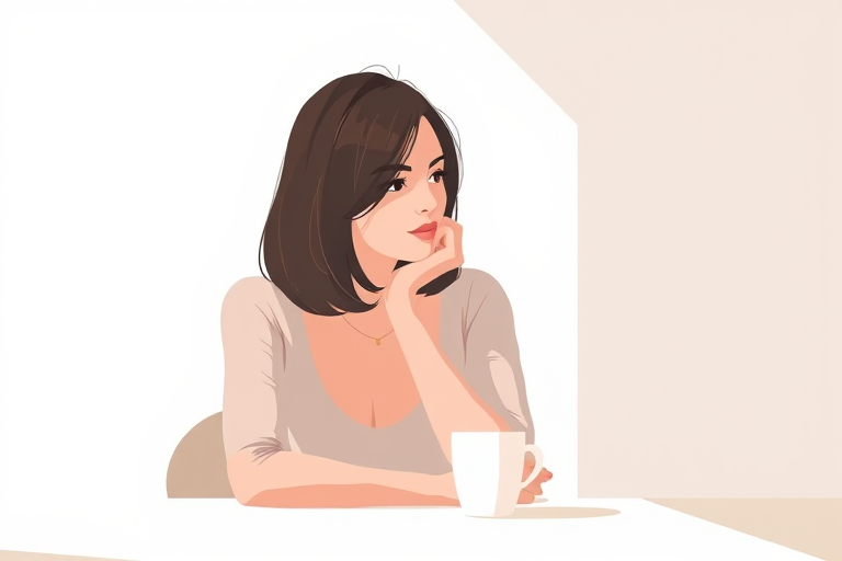Create a minimalist illustration of a woman with shoulder-length hair resting her chin on her hand while sitting at a table with a cup, using a soft pastel color palette, shot in natural light, with a shallow depth of field, capturing the scene using a DSLR camera set to f/2.8, ISO 100, 50mm lens.