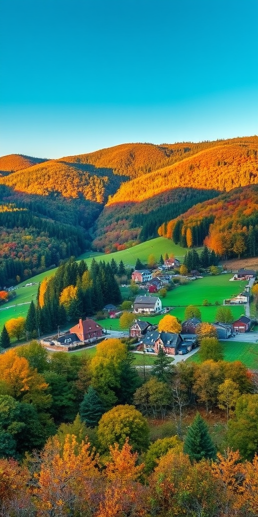 Generate a vibrant landscape of a rural village surrounded by lush green hills and forests during autumn, captured with a DSLR camera using a 24mm lens at f/8, ISO 100, and a shutter speed of 1/200s for a sharp, high-quality image, with a wide-angle perspective.