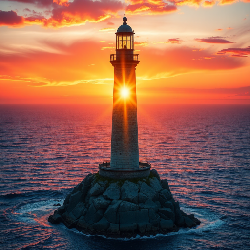 Generate an image of a tall lighthouse perched on a rocky outcrop surrounded by calm ocean waters during a breathtaking sunset. The lighthouse stands sturdy and weathered, its stone surface illuminated by the warm golden light of the setting sun. The sun's rays pass directly through the glass lantern room at the top of the lighthouse, casting a brilliant light across the scene. The sky is painted with vibrant shades of orange, pink, and purple, reflecting off the tranquil sea. The surrounding water shimmers with the same warm hues, creating a serene and majestic atmosphere.