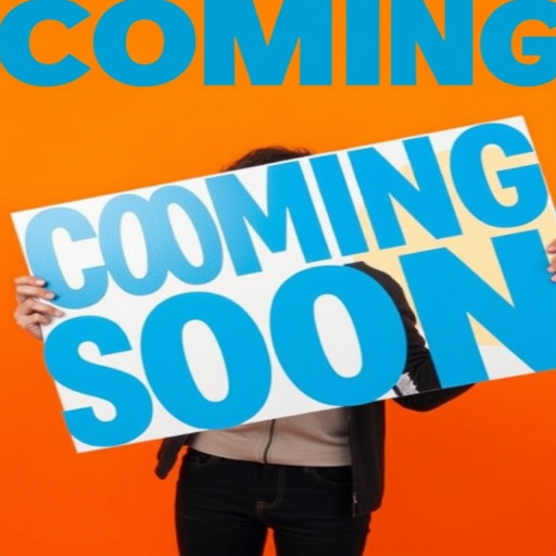 Create an image of a person holding a large sign that says "COMING SOON" in bold blue letters, with a bright orange background, using a DSLR camera with a 50mm lens, aperture set to f/2.8 for shallow depth of field, and a resolution of 300 dpi for high image quality.