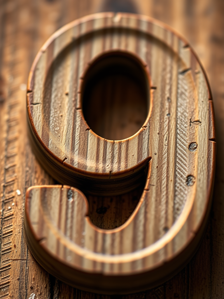Create a highly detailed close-up image of a wooden number 9 with a textured grain, shot using a DSLR camera at f/2.8, ISO 100, and a shutter speed of 1/60s, with a soft-focus background for depth and clarity.