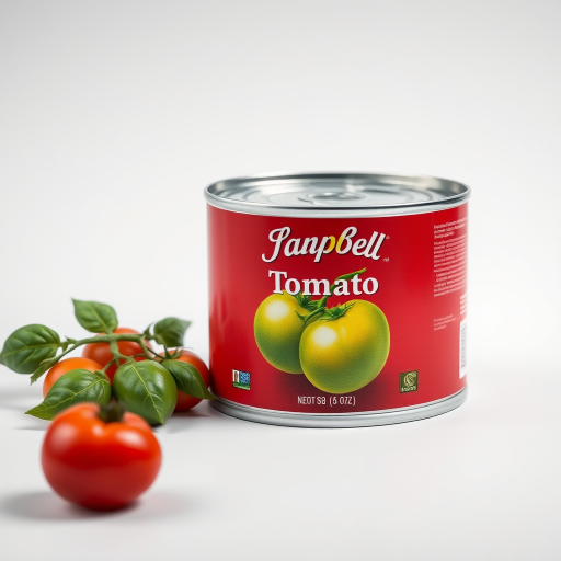 Regenerate an image of a red tomato soup can with green tomatoes on the label, use a Canon EOS R5 camera, set aperture to f/2.8, ISO 100, shutter speed 1/125 sec, in a studio setting with softbox lighting for a clear, high-quality illustration.