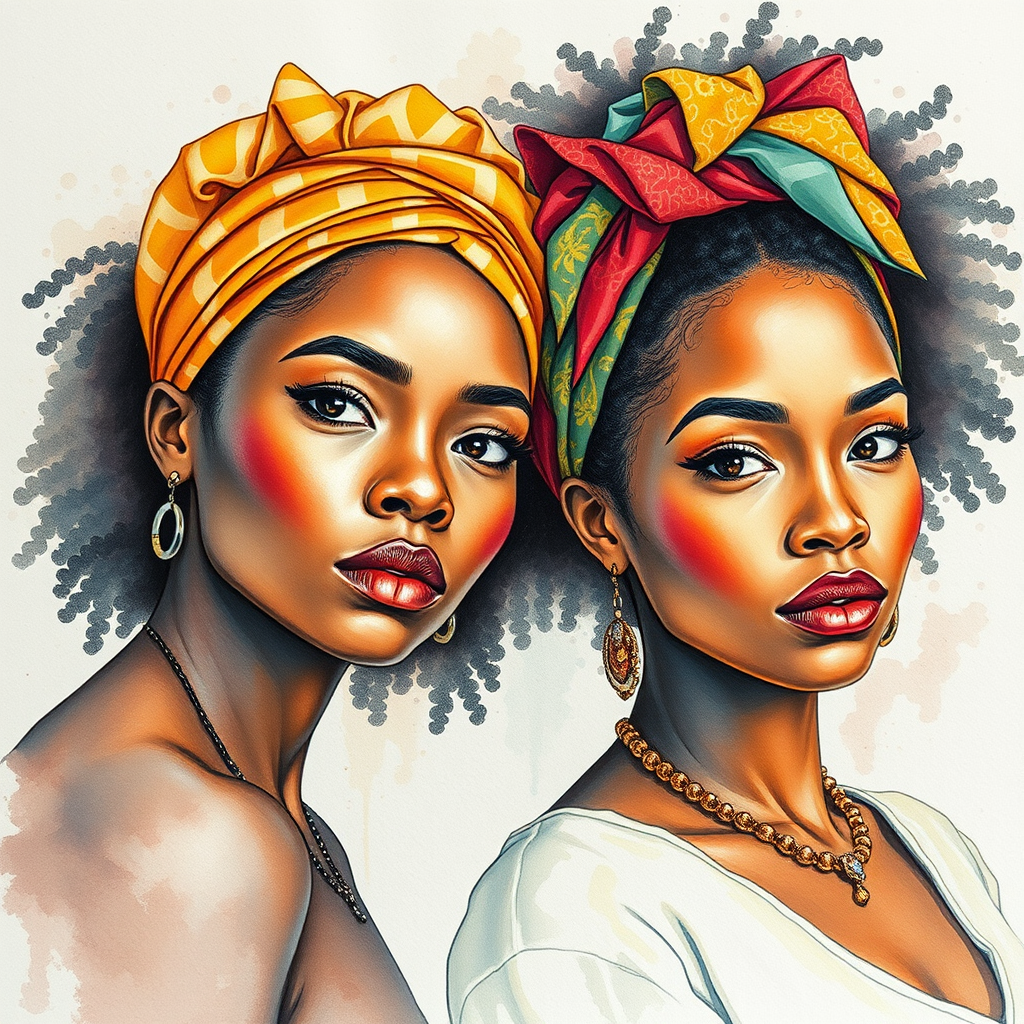Create an artistic portrait of two women with natural hair, one wearing a headwrap, in a watercolor style on textured paper, shot with a Canon EOS R5 at f/2.8, ISO 100, 50mm lens, soft focus background with vibrant colors and intricate details.