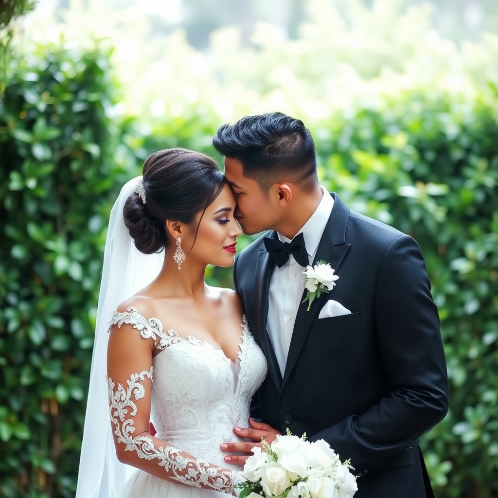 A romantic wedding scene featuring a stylish couple sharing an intimate moment with the groom kissing the bride on the forehead the bride in an elegant white gown adorned with intricate details wearing a delicate veil and sparkling earrings the groom in a classic black tuxedo with lush greenery in the background creating a beautiful atmosphere