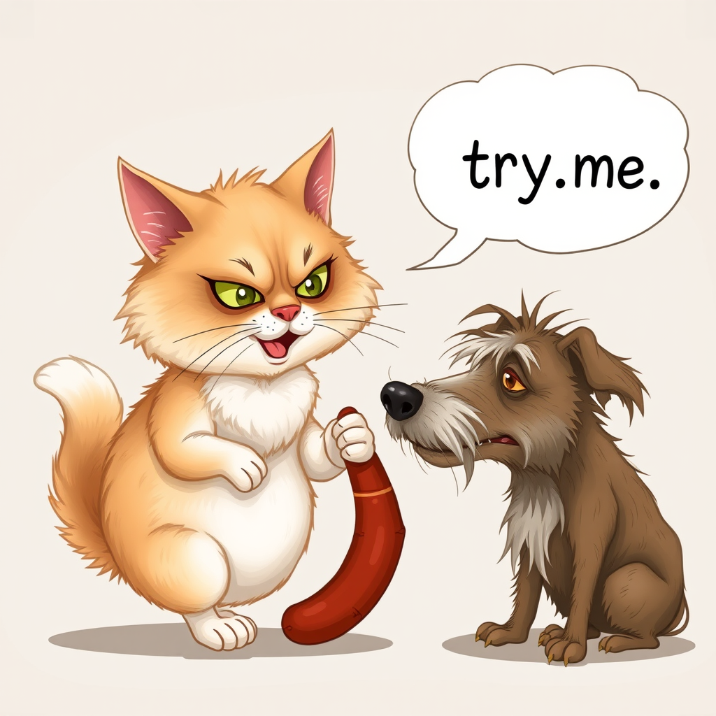 caricature of a silly whimsical fluffy cat with a mean look she has one foot on a sausage and is looking at an old scraggly big dog the cat has a thought bubble above her head that says “try,me"
