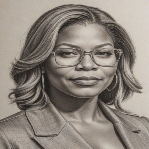 Stunning Queen Latifah, pencil sketch, portrait of Attractive woman 1975s in glasses, hair style beatnik, outline, clear lines, fine lines, 8k