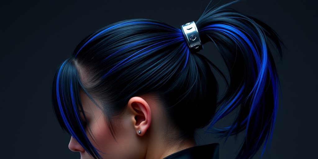 Jet black hair styled in a sleek, high ponytail with electric blue streaks running through it, secured with a futuristic silver cuff for a striking cyberpunk aesthetic called Nightrider Bolt