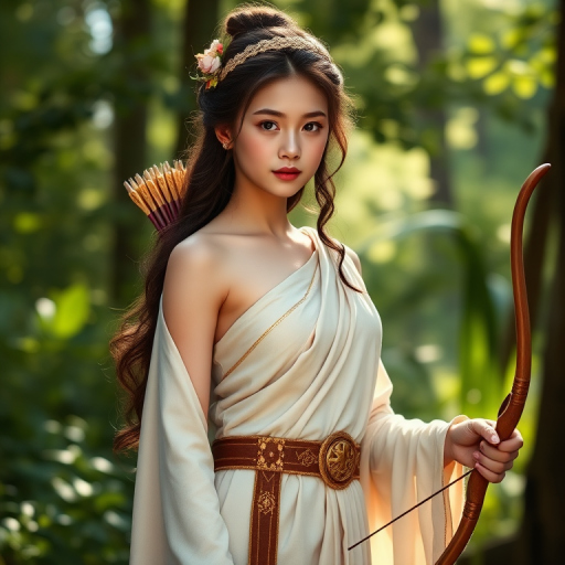 Create a portrait of a goddess-like Uyghur girl figure in a tranquil, forested environment. She has an elegant appearance with long, wavy hair styled in an updo and adorned with a delicate, floral headband. She wears a flowing, ancient Greek-inspired gown in a soft, pale color, featuring a one-shoulder design and draped fabric that accentuates her graceful form. The outfit includes a decorative belt with ornate gold detailing, and she holds a bow in her hand, with a quiver of arrows slung over her shoulder. The background depicts lush greenery, with sunlight filtering through the trees, casting a gentle, ethereal light on the scene. Her expression is calm and contemplative, embodying a sense of wisdom and serenity.