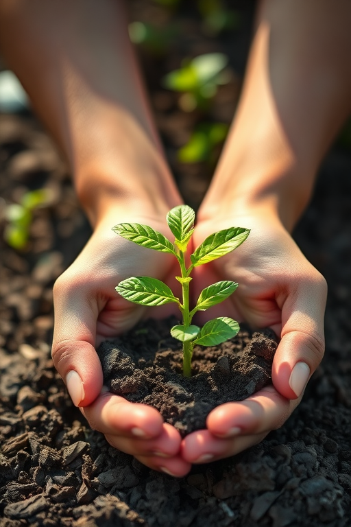 Close-up of hands gently cradling a young green plant in rich soil under natural sunlight, shallow depth of field, f/2.8, 1/200s, ISO 100, 50mm lens, DSLR camera, outdoor setting.