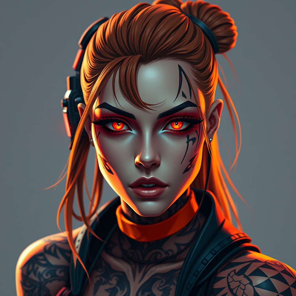 Create a digital illustration of a futuristic cyberpunk female character with striking red eyes, intricate tattoos, and a bold color palette featuring orange and black, using an 85mm lens at f/1.8 for a shallow depth of field, in a studio lighting setup, with a focus on sharp details and vibrant colors, employing a mirrorless camera for enhanced clarity.
