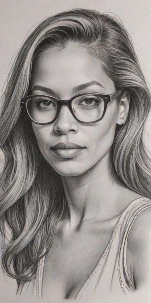 Captivating Michael Michele, pencil sketch, portrait of Fascinating woman 1975s in glasses, hair style beatnik, outline, clear lines, fine lines, 8k