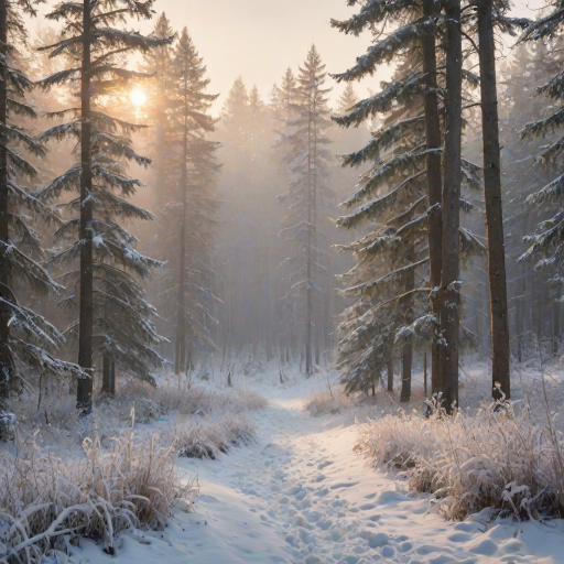 capture a serene winter forest landscape with mist rolling over snow-covered trees using a Canon EOS 5D Mark IV, 50mm lens, aperture f/8, ISO 100, shutter speed 1/200s, golden hour soft light, shallow depth of field for atmospheric effect