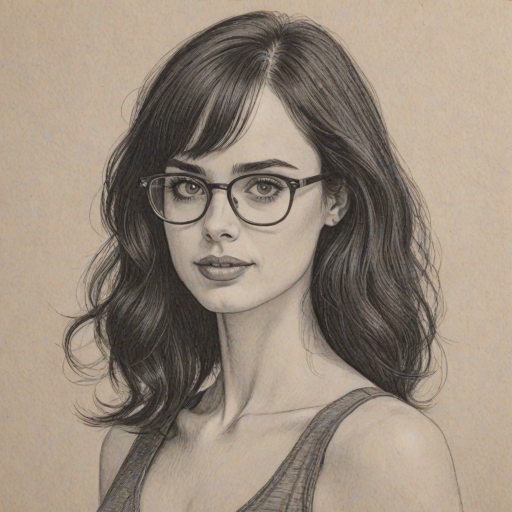 Delightful Krysten Ritter, pencil sketch, portrait of Comely woman 1974s in glasses, hair style beatnik, outline, clear lines, fine lines, 8k