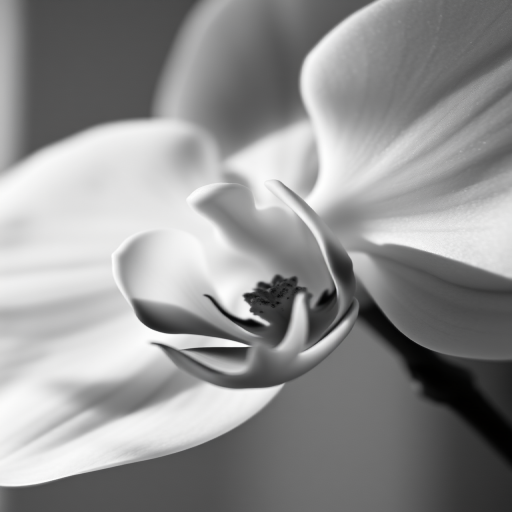 Close-up of an orchid flower in black and white, shallow depth of field, soft natural lighting, aperture f/2.8, shutter speed 1/200, ISO 100, macro lens, DSLR camera, blurred background.