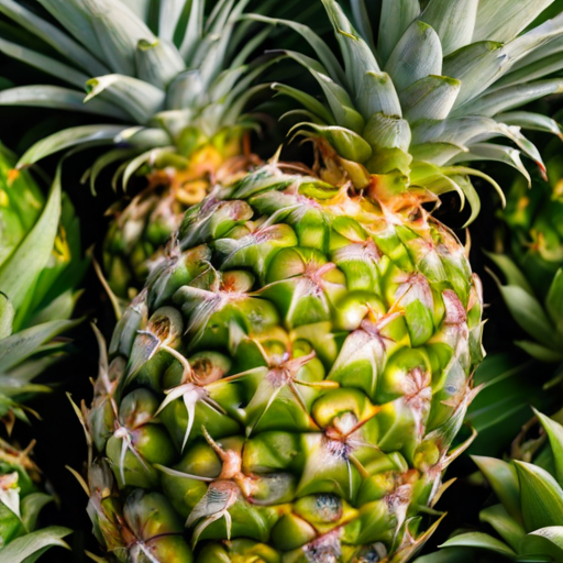 a close-up of multiple fresh pineapples with green leaves, emphasizing their textured skin and vibrant colors, on a natural background