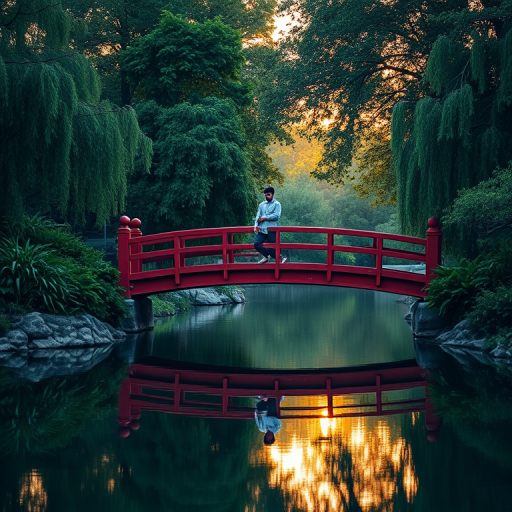 Capture a serene scene of two people on a red bridge surrounded by lush greenery and reflections in the water, using a Canon EOS R5 with a 50mm lens at f/1.8, ISO 200, 1/200s, in soft golden hour lighting for enhanced vibrancy and depth.