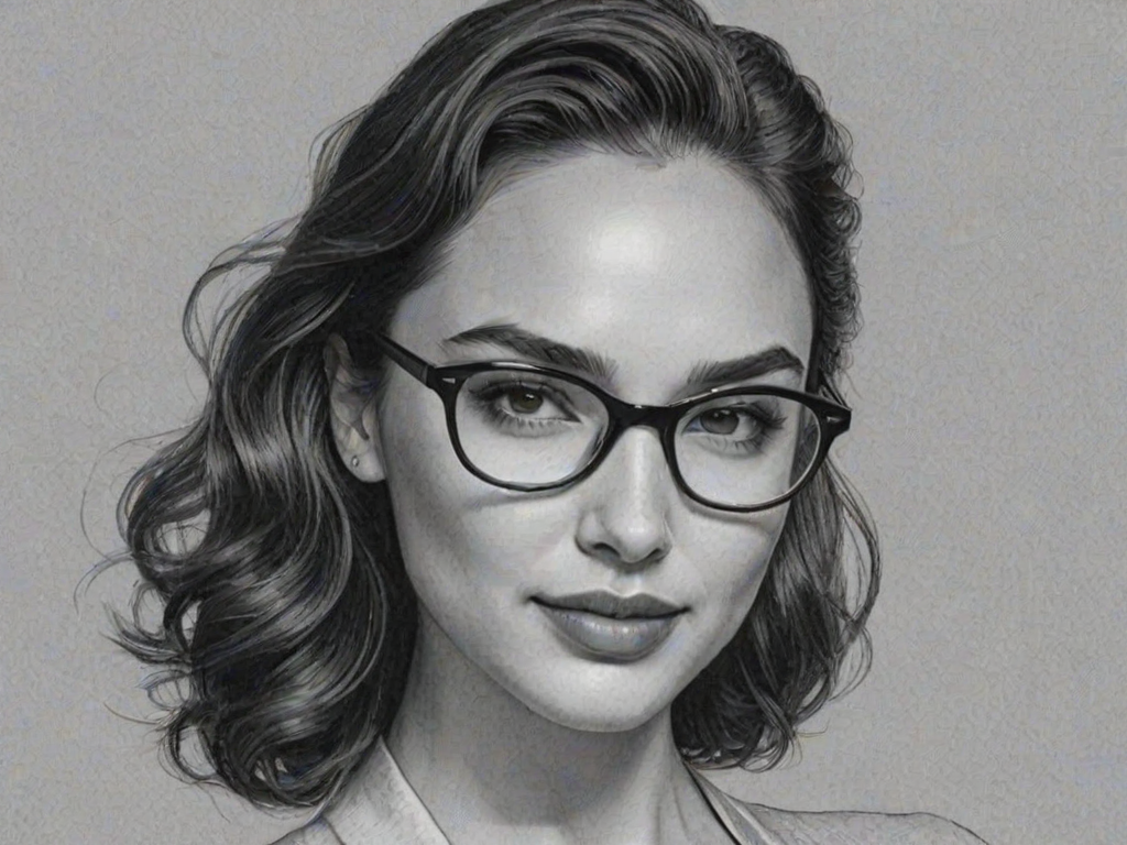 Magnificent Gal Gadot, pencil sketch, portrait of Sublime woman 1950s in glasses, hair style beatnik, outline, clear lines, fine lines, 8k