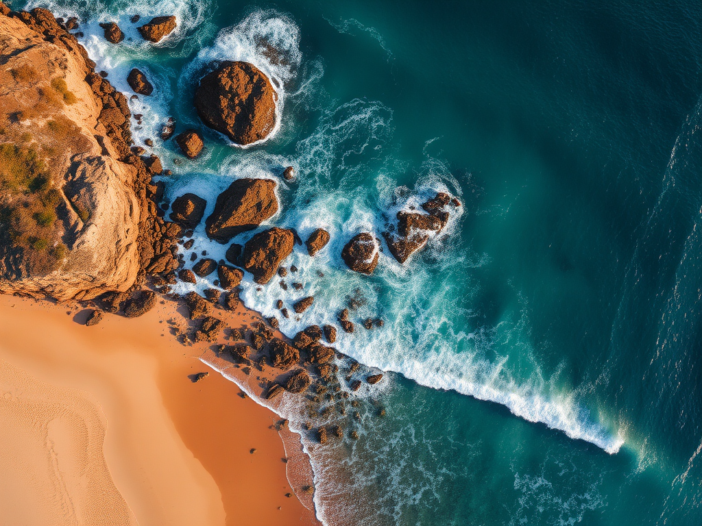 aerial view of a rocky coastline with turquoise ocean waves crashing against the shore, golden sandy beach, late afternoon light, camera type: drone, camera settings: ISO 100, f/4.0, shutter speed 1/200s, wide-angle lens, capture in high resolution for enhanced clarity
