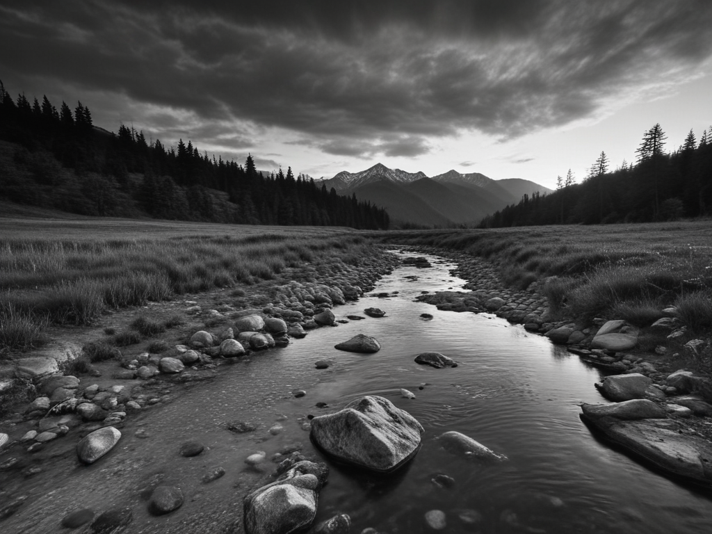 high contrast black and white sunset over mountains and stream