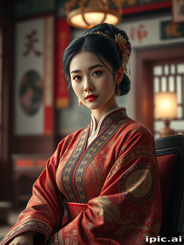 A beautiful woman in traditional East Asian attire, intricately detailed with embroidered patterns, sitting gracefully in a richly decorated room, soft ambient lighting, serene and elegant, ultra-realistic, 8K resolution
