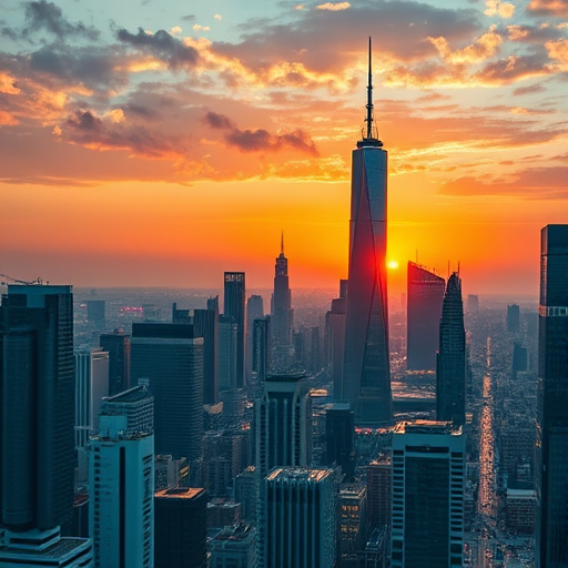 Create a high-resolution image showcasing a futuristic cityscape at sunset, using a DSLR camera with a 24mm lens, aperture set to f/8, ISO 200, and a slow shutter speed for smooth lighting effects.