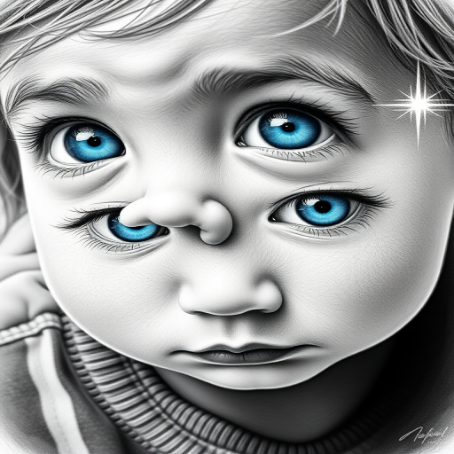 A hyperdetailed photorealistic black and white sketch of a beautiful toddler with deep cyan eyes, with a macro focus