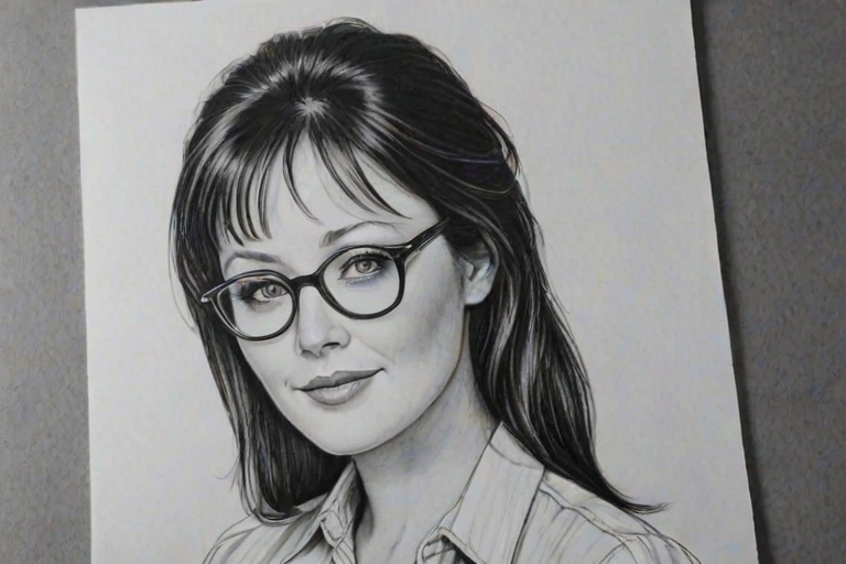 Delightful Shannen Doherty, pencil sketch, portrait of Superb woman 1957s in glasses, hair style beatnik, outline, clear lines, fine lines, 8k
