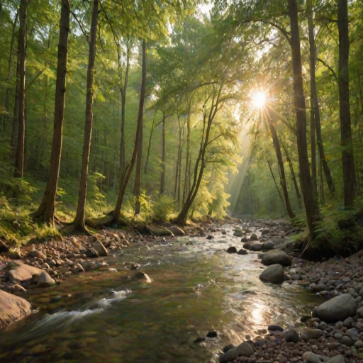 Create an image of a serene, sunlit forest scene with a clear, gently flowing river. Tall trees with lush green foliage line both sides of the river, their leaves bathed in the warm golden light of the setting or rising sun. The sunlight filters through the trees, casting soft, dappled light on the river, which flows over smooth rocks and pebbles, creating a peaceful, natural atmosphere. The sky is bright with a few scattered clouds, and the overall mood is tranquil, evoking a deep sense of connection with nature. The image captures the beauty of a calm, pristine forest landscape at either dawn or dusk.