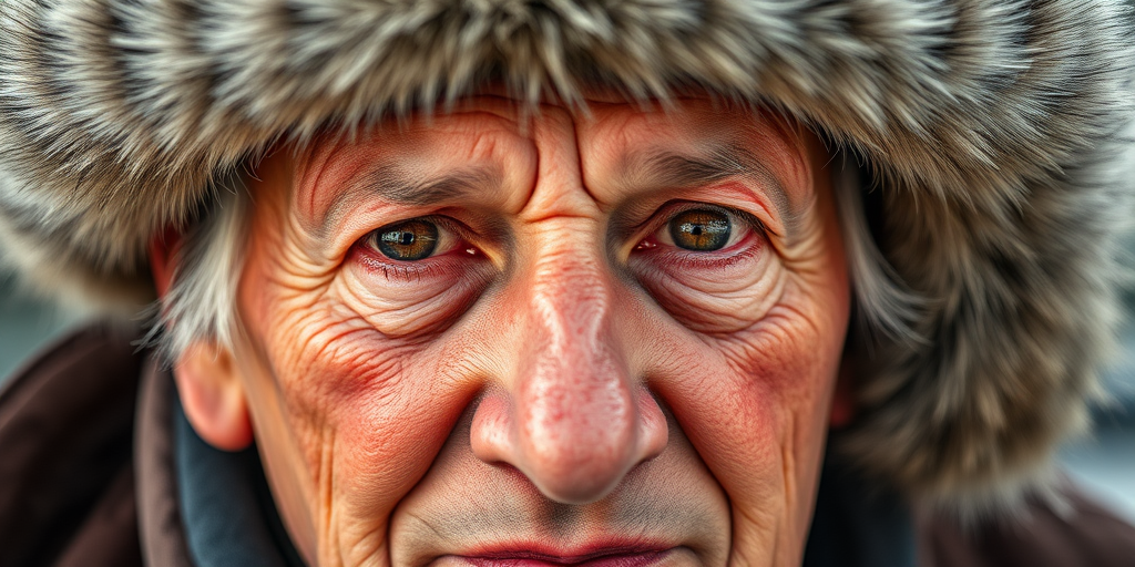 Close-up portrait of an elderly man with a serious expression, wearing a traditional fur hat, natural lighting, shallow depth of field, aperture f/1.8, ISO 200, shutter speed 1/100 sec, 50mm lens, taken with a DSLR camera for enhanced image quality.