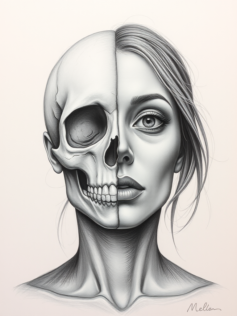 Detailed realistic drawing of the face of a woman facing the viewer but the left half of her face is skull while the right side of her face is normal. She has no hair on the left side of her face only a skull and also her eye-socket is hollow on the left side