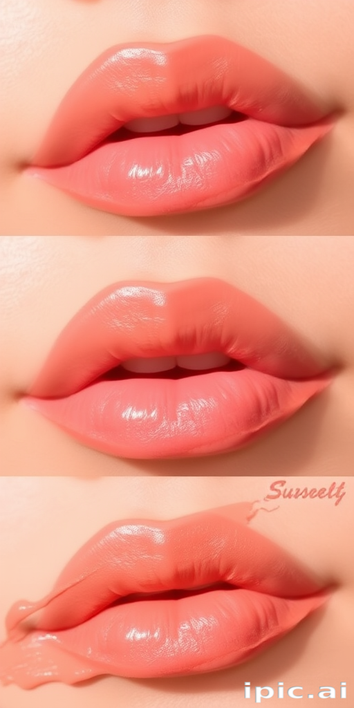 Peach sorbet lips titled "Sunset Blush" feature a soft, creamy texture and warm undertones, perfect for natural makeup looks and spring aesthetics