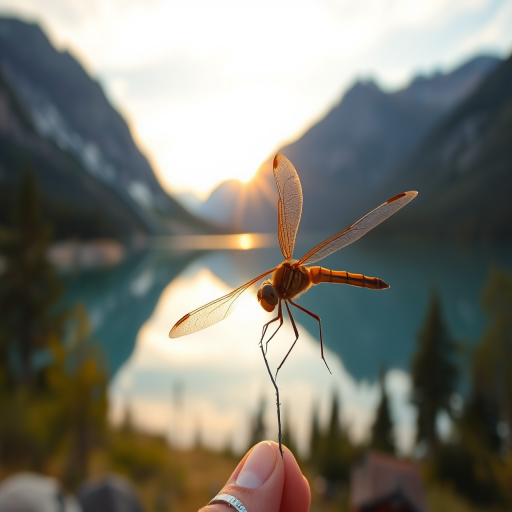 A person holding a detailed dragonfly in front of a serene lake surrounded by mountains during sunrise, shot with a DSLR camera at f/2.8, 1/200 sec, ISO 100, with a macro lens for enhanced detail, in vibrant color with a focus on the dragonfly and a softly blurred background for depth.