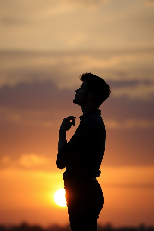 Generate an image of a silhouette of a person standing in a thoughtful pose against a sunset background, captured with a DSLR camera at f/8 aperture, ISO 100, 35mm lens, using a wide-angle view to enhance depth and clarity.
