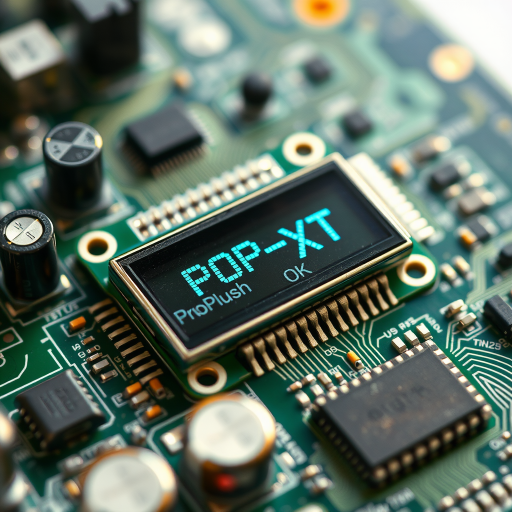 Create a high-resolution image of a close-up of an electronic circuit board with a focus on a prominent LCD display that shows the text "POP-XT+" and "Rush OK", using a DSLR camera with a 50mm lens, aperture set to f/2.8, ISO 100, at a 45-degree angle for a dynamic view, and utilize natural lighting for enhanced clarity and detail.